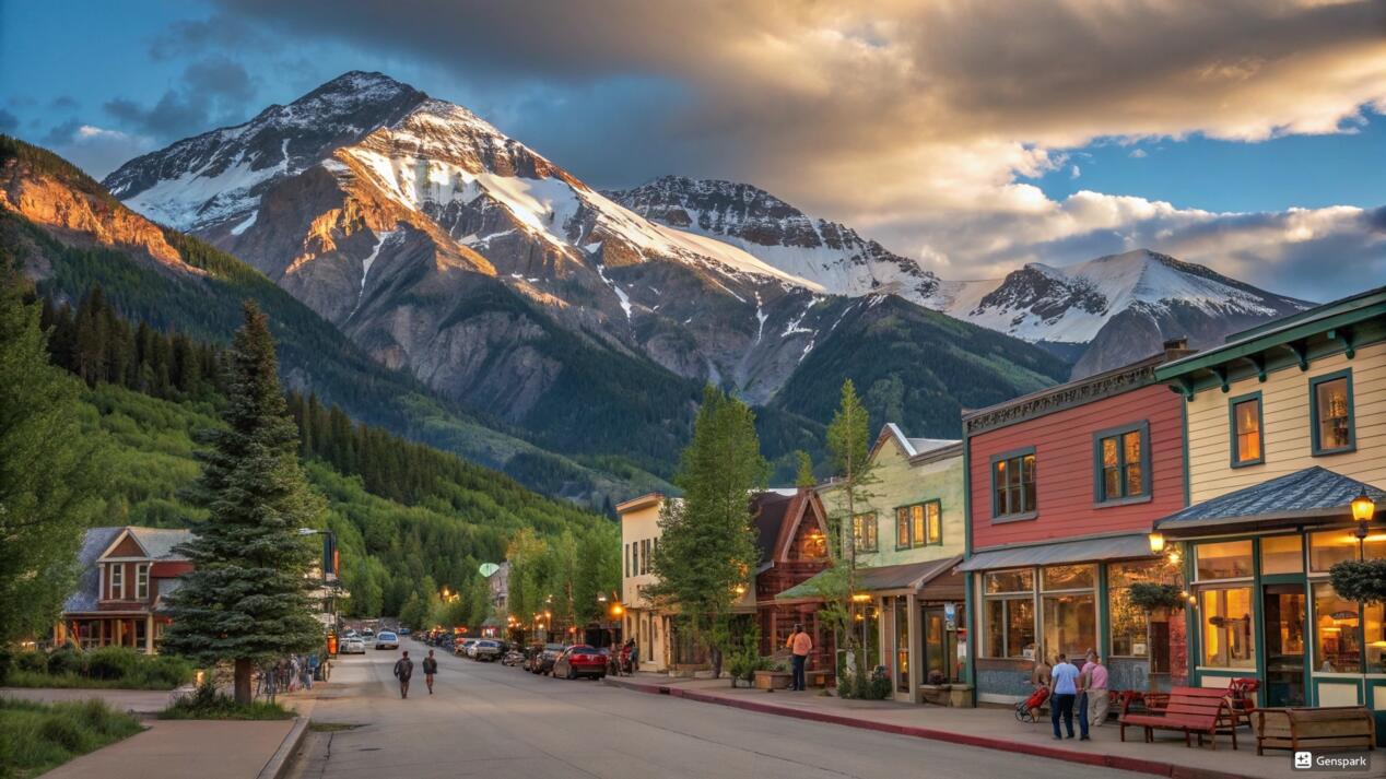 Illustration of a Colorado mountain town with peaks and pine trees