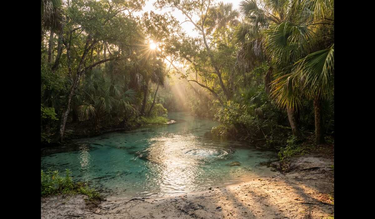 Florida beach scene with palm trees, blue water, and warm sunshine
