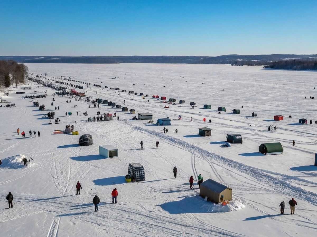 Ice fishing shanties dotting frozen Lake Winnebago in Wisconsin
