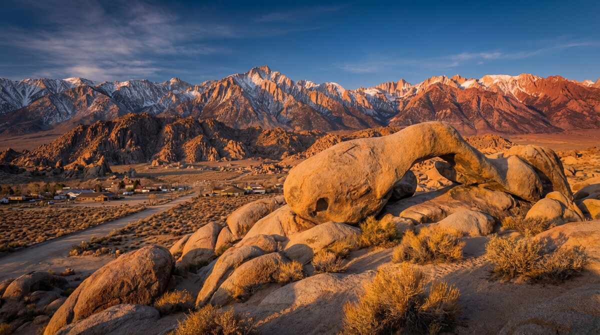 Mount Whitney rising above Lone Pine with Alabama Hills rock formations