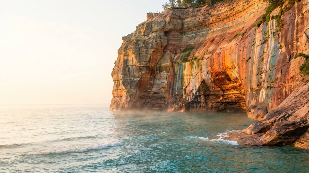 Michigan Great Lakes shoreline with turquoise water and sandy dunes under blue sky